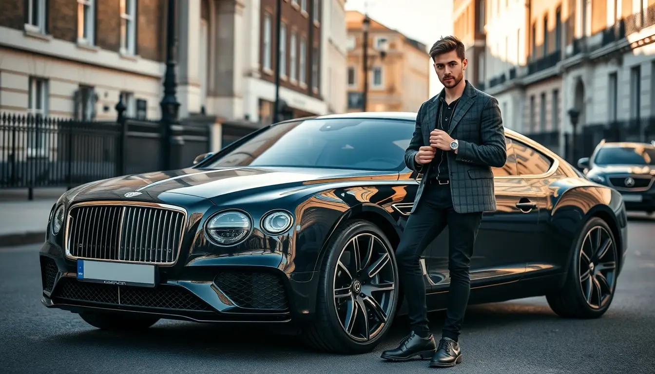 A man in a pose and Rideexec luxury car is behind him